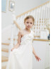 One Shoulder Ivory Lace Chiffon Corset Back Flower Girl Dress